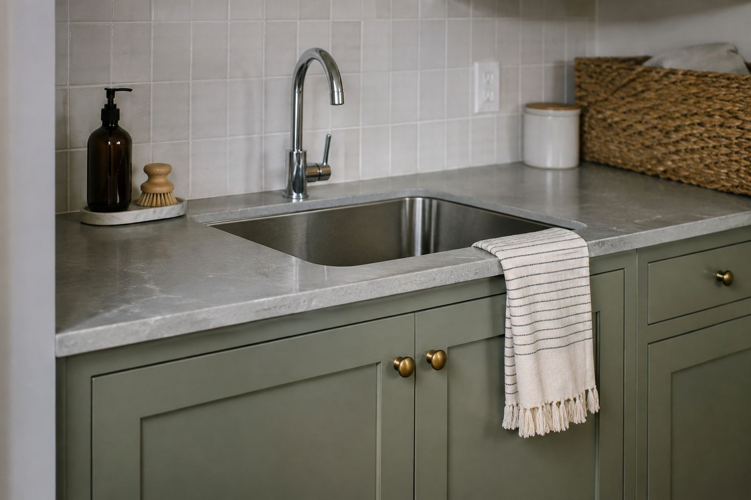 Design visualization: Sage utility sink cabinet and pale folding surface with a cotton towel