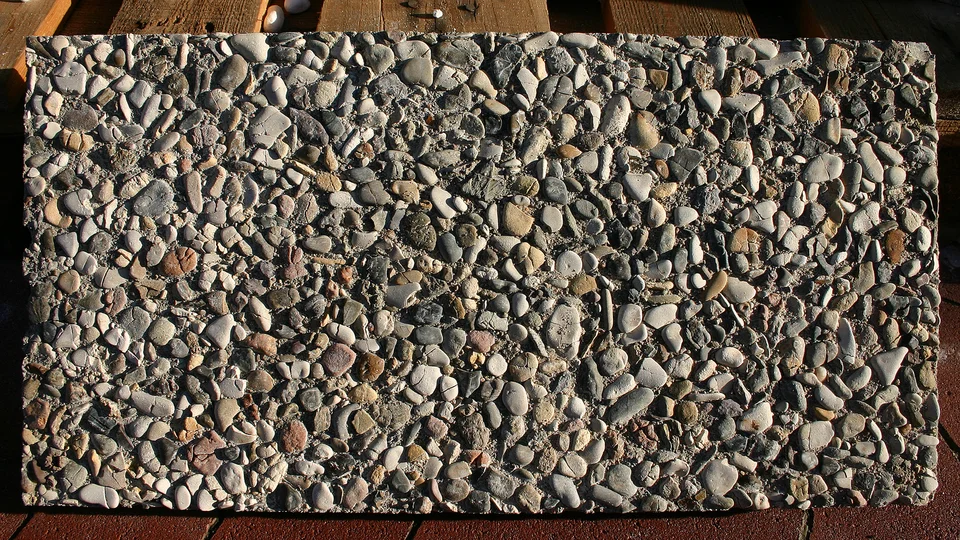 Exposed-aggregate concrete sample panel with rounded pebbles visible at the surface