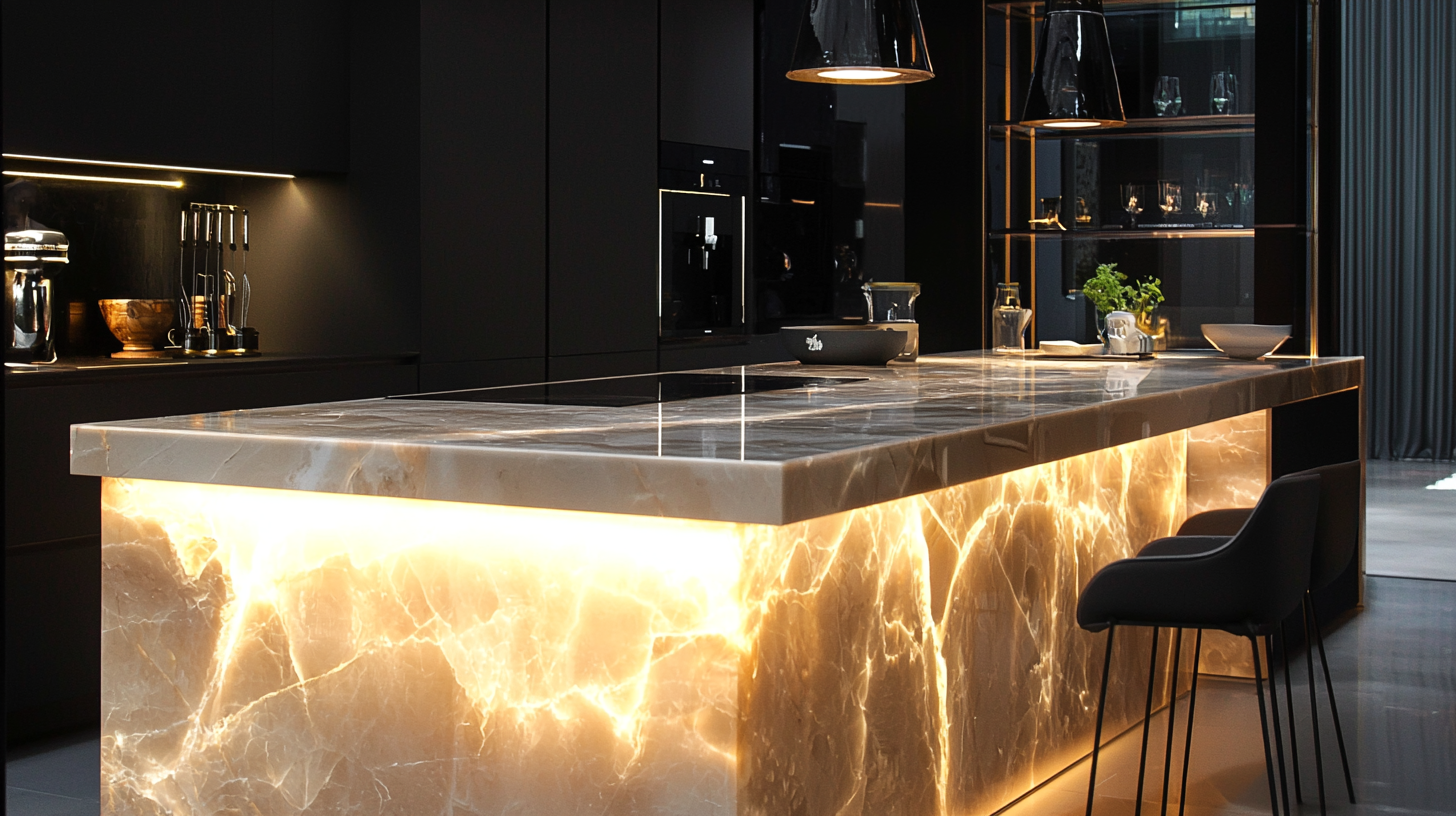 Luxurious backlit marble countertop in a modern kitchen setting, showcasing a warm, glowing ambiance with sleek black cabinetry and stylish hanging pendant lights, perfect for a sophisticated and elegant interior design.