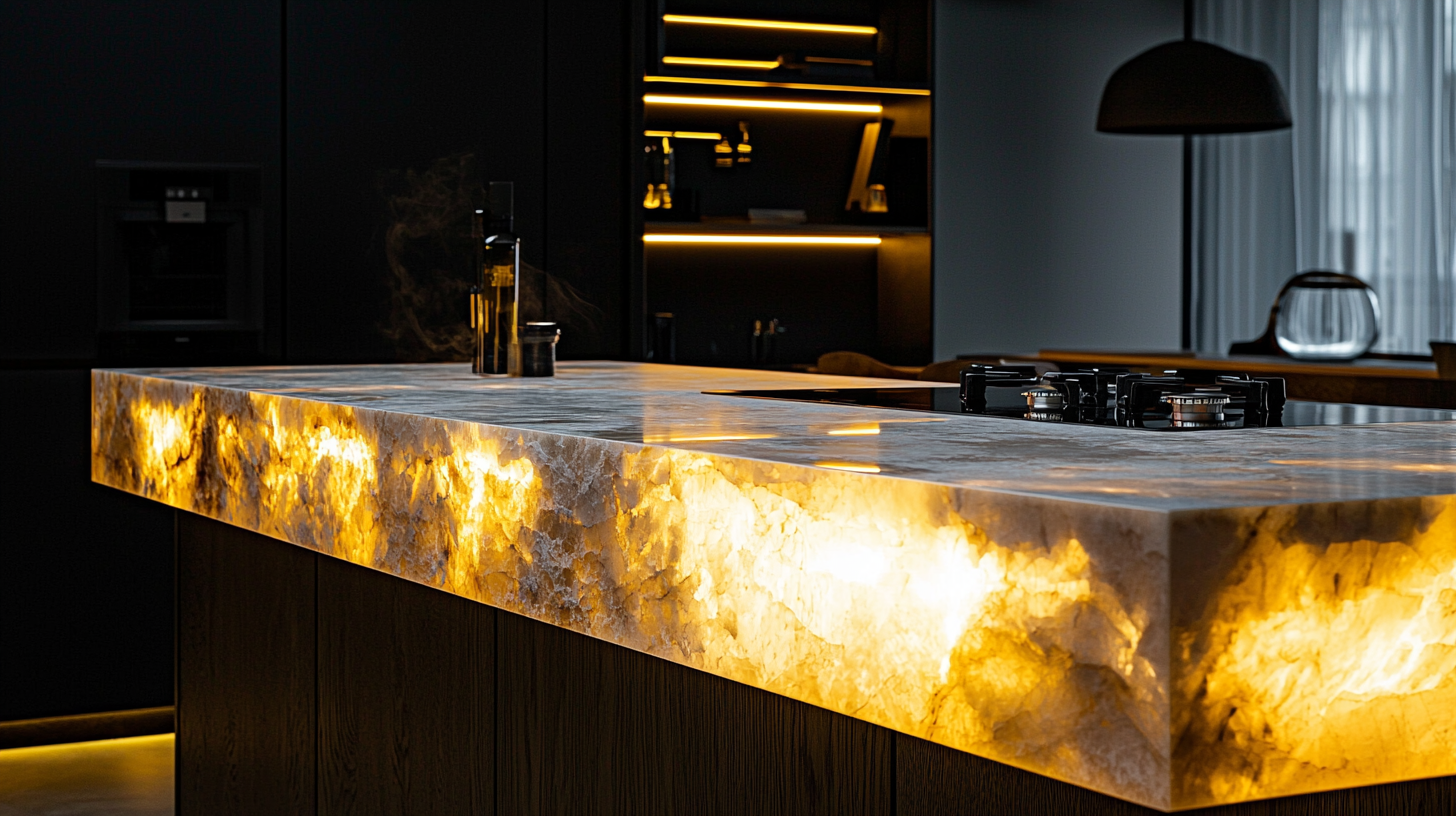 A luxurious kitchen island featuring a glowing backlit marble countertop with warm amber lighting, adding an elegant and modern touch to the space