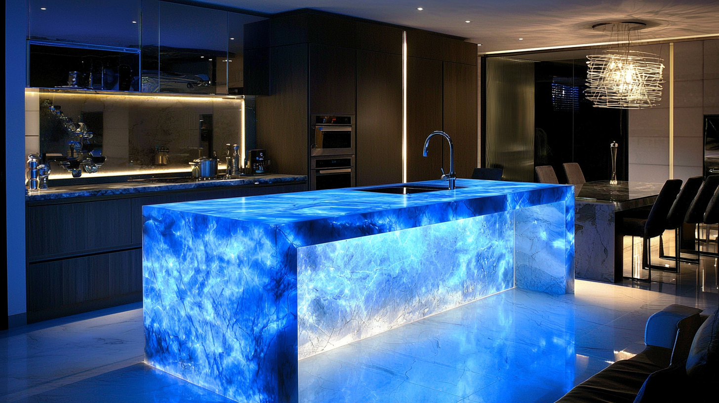 A sleek and futuristic kitchen showcasing a striking blue backlit marble countertop, creating a vibrant and dynamic focal point in the modern kitchen.