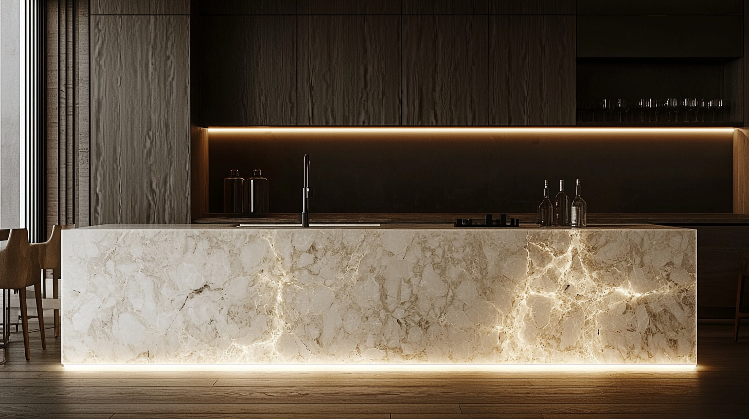 A contemporary kitchen with a thunderous white marble countertop backlit by soft golden lighting, highlighting the intricate veining of the stone.